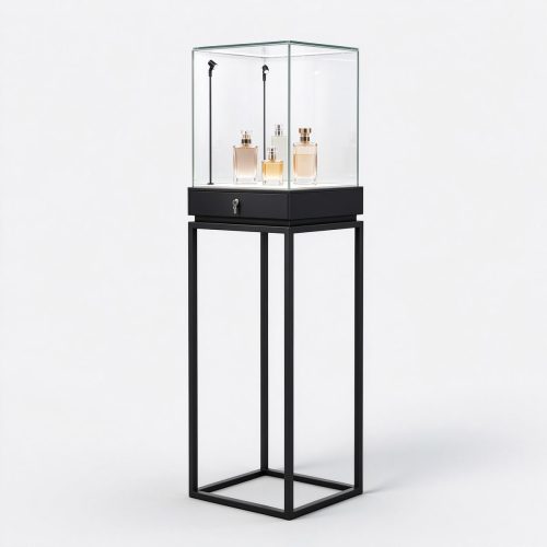 Black glass perfume showcase right 45 angle with drawer and stand