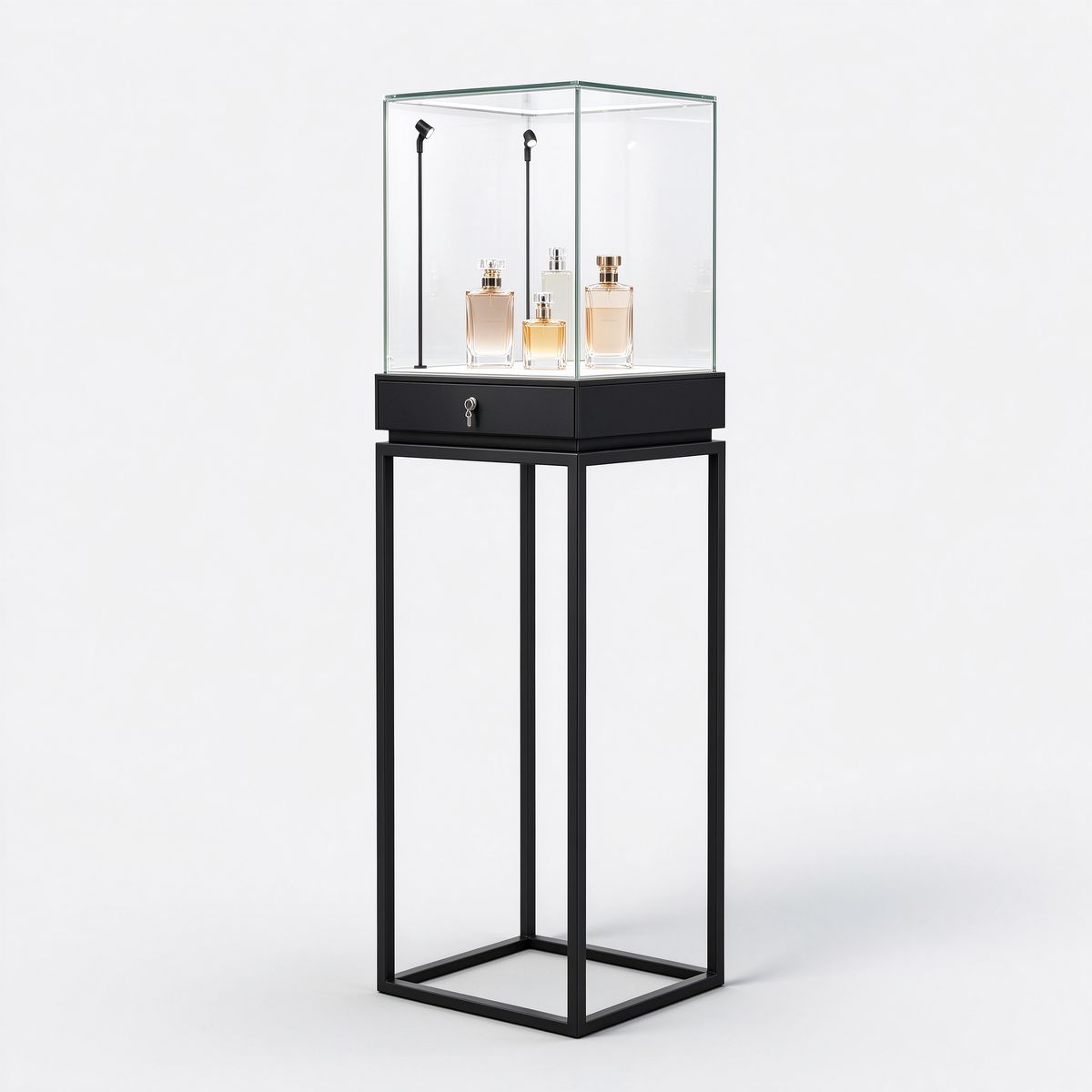Black glass perfume showcase right 45 angle with drawer and stand