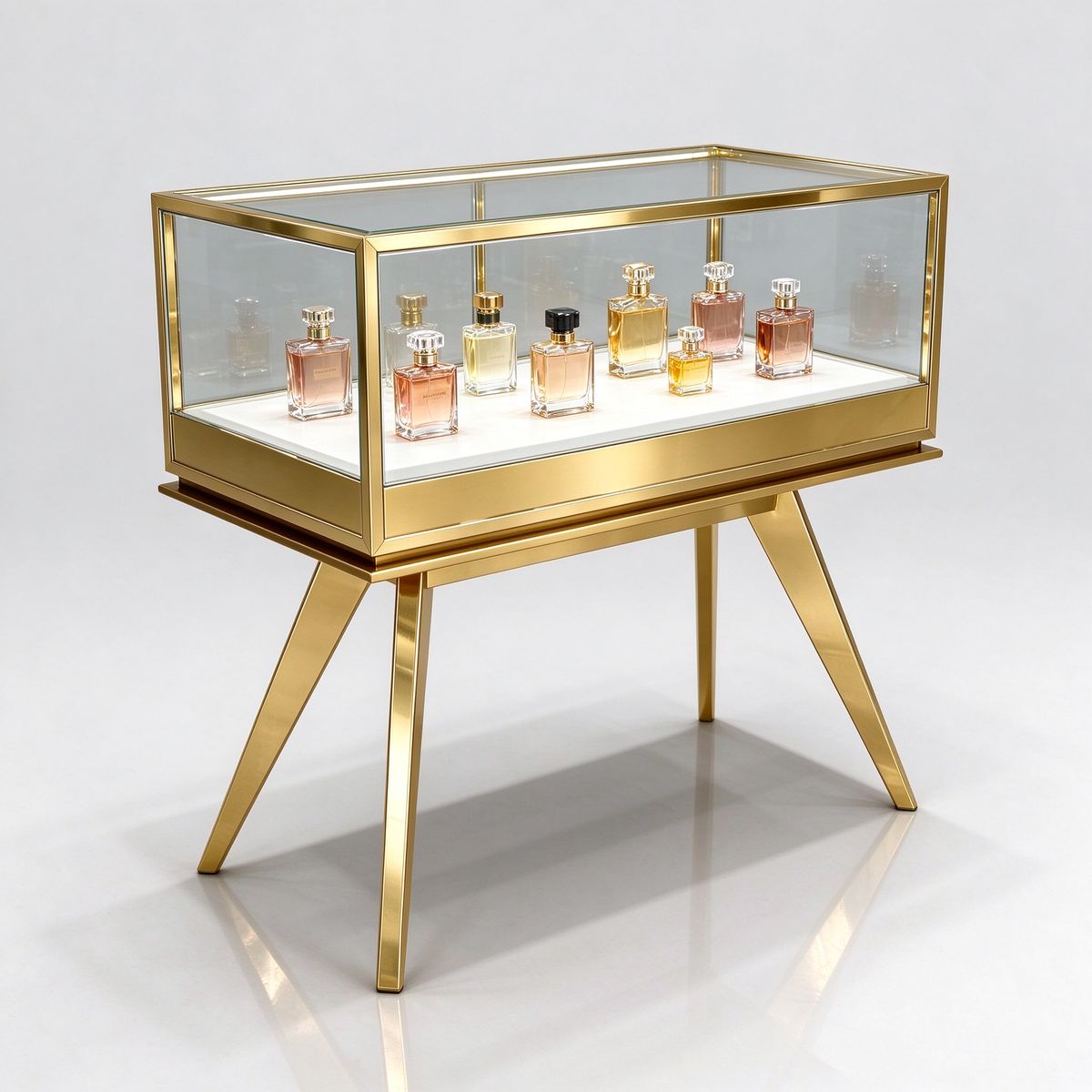 Gold stainless steel glass perfume display counter left 45 degree view