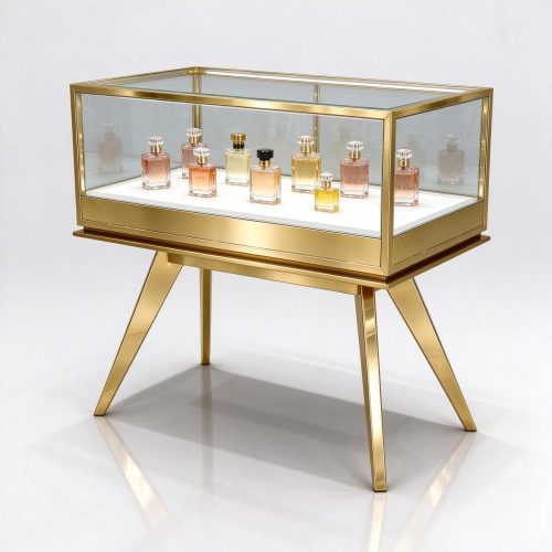 Gold glass perfume showcase right 45 angle with A-frame legs