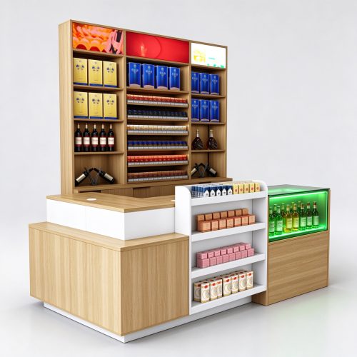 Convenience store checkout counter with tobacco shelves and green-lit drink cabinet, left 45 degree view