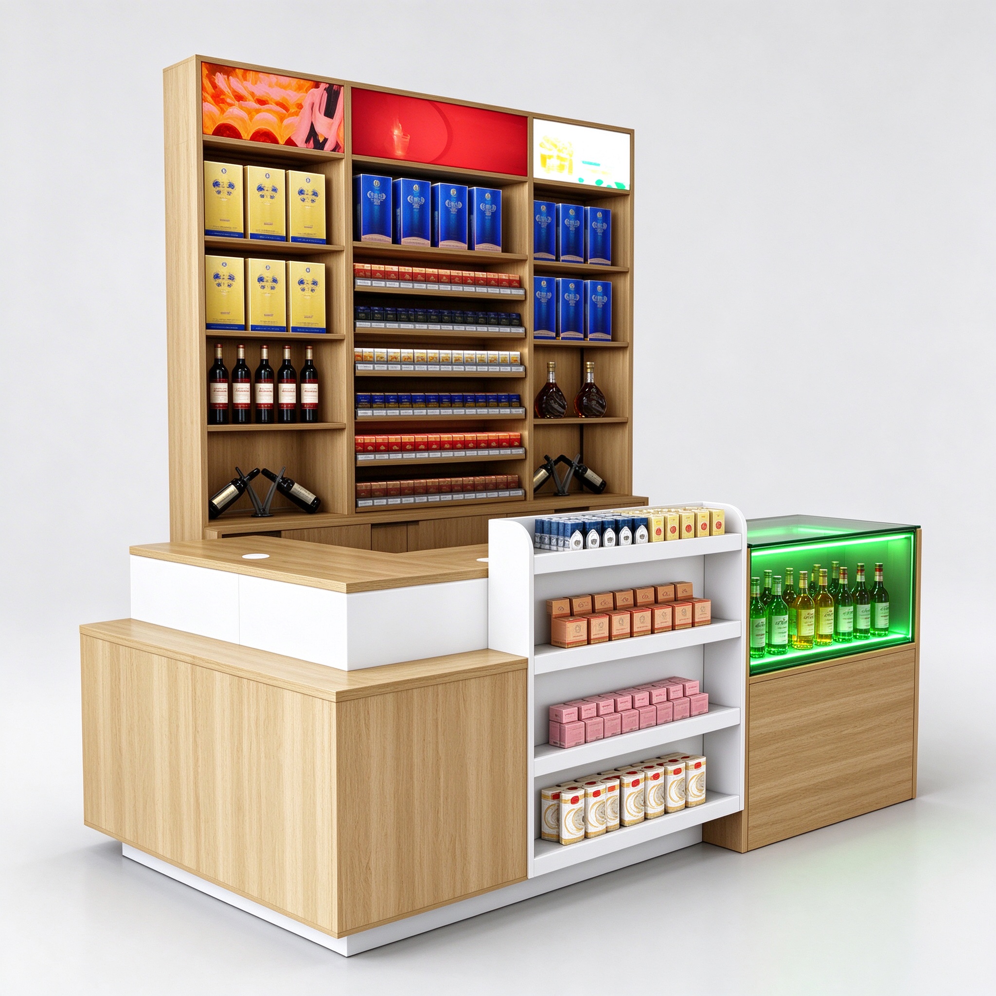 Convenience store checkout counter with tobacco shelves and green-lit drink cabinet, left 45 degree view