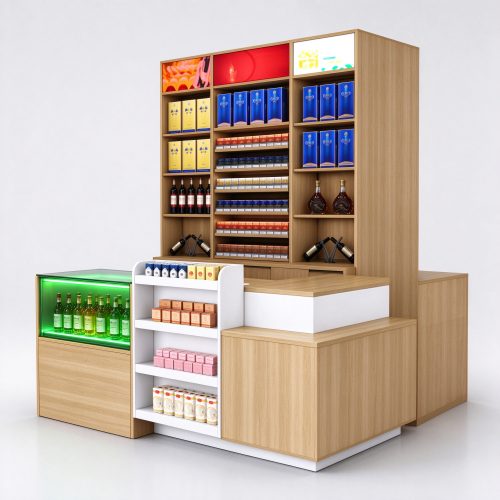 Convenience store checkout counter with tobacco shelves and green-lit drink cabinet, right 45 degree view