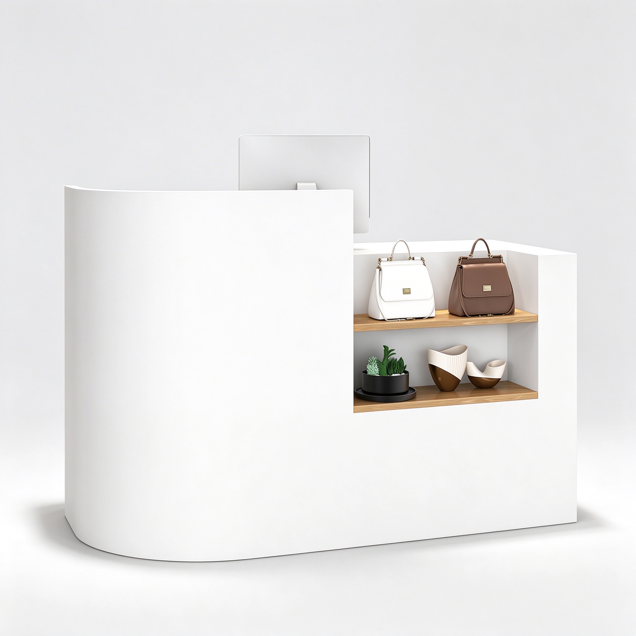 Curved white boutique cash wrap counter with open oak shelves, left 45 degree view