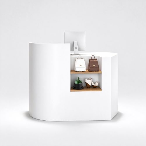 Curved white boutique cash wrap counter with open oak shelves, right 45 degree view