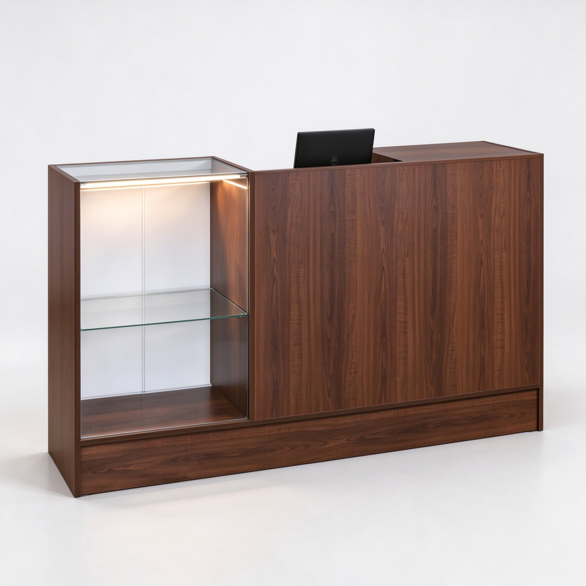 Dark walnut glass display cashier counter with LED interior, left 45 degree view