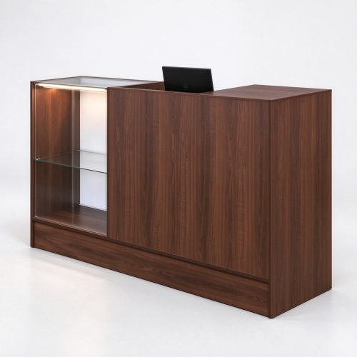 Dark walnut glass display cashier counter with LED interior, right 45 degree view