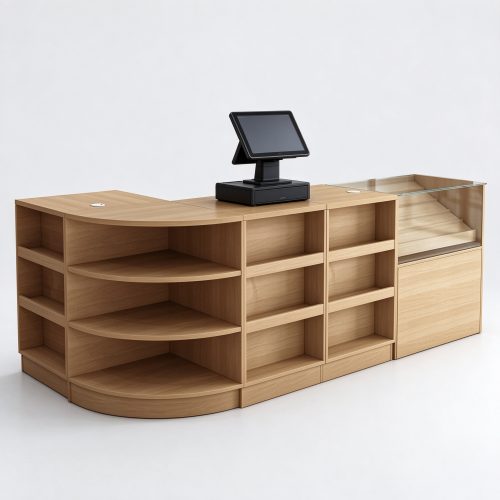 Light oak L-shaped retail cashier counter with POS terminal, left 45 degree view