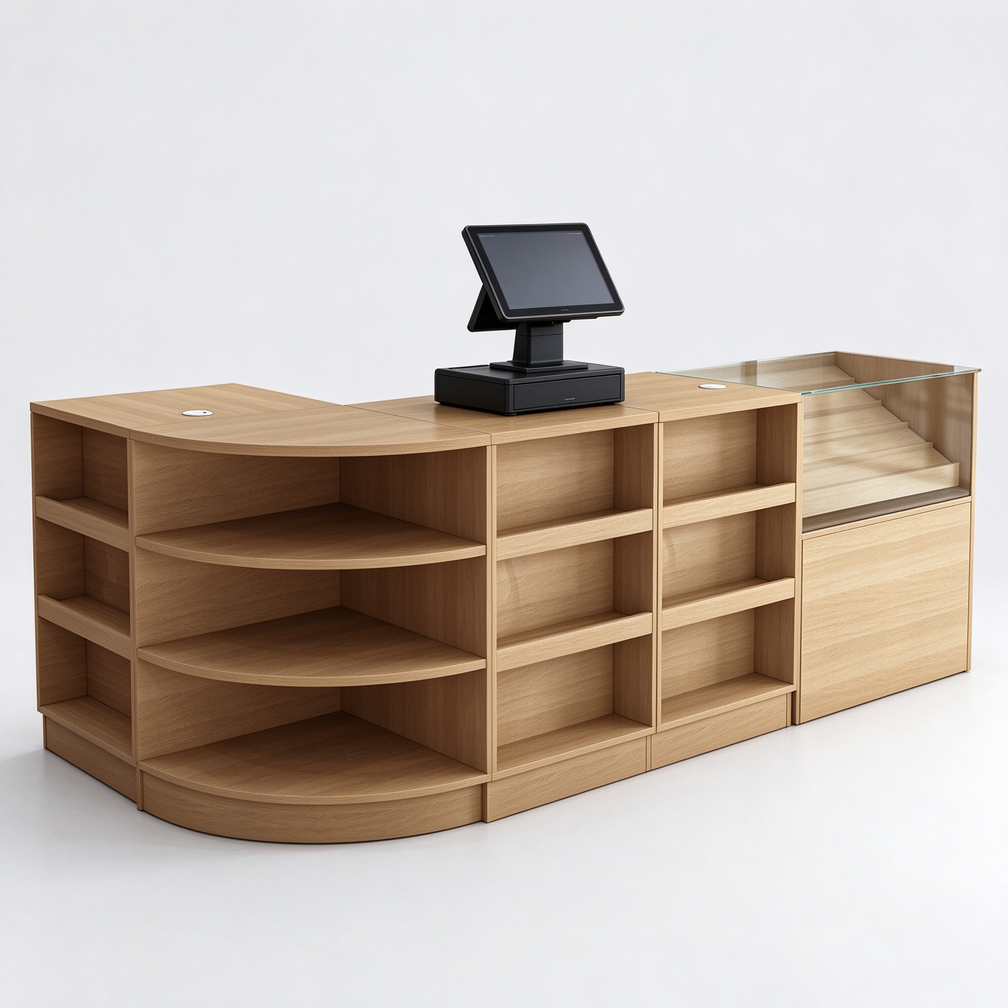 Light oak L-shaped retail cashier counter with POS terminal, left 45 degree view