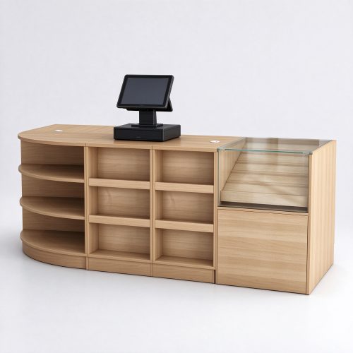 Light oak L-shaped retail cashier counter with POS terminal, right 45 degree view