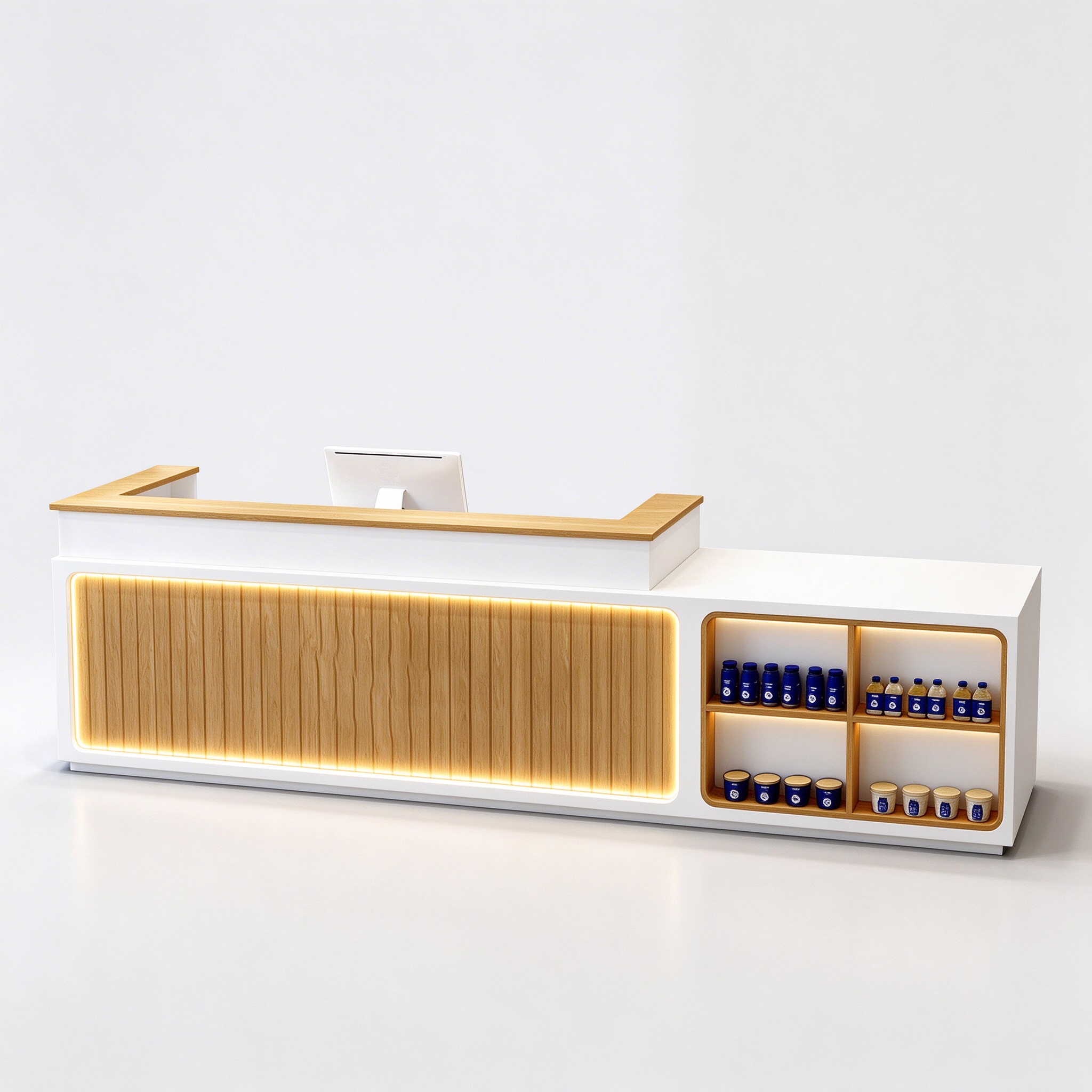 Modern L shaped retail checkout counter with LED strip and oak slat front, left 45 degree view