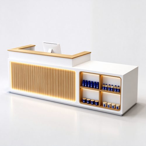Modern L shaped retail checkout counter with LED strip and oak slat front, right 45 degree view