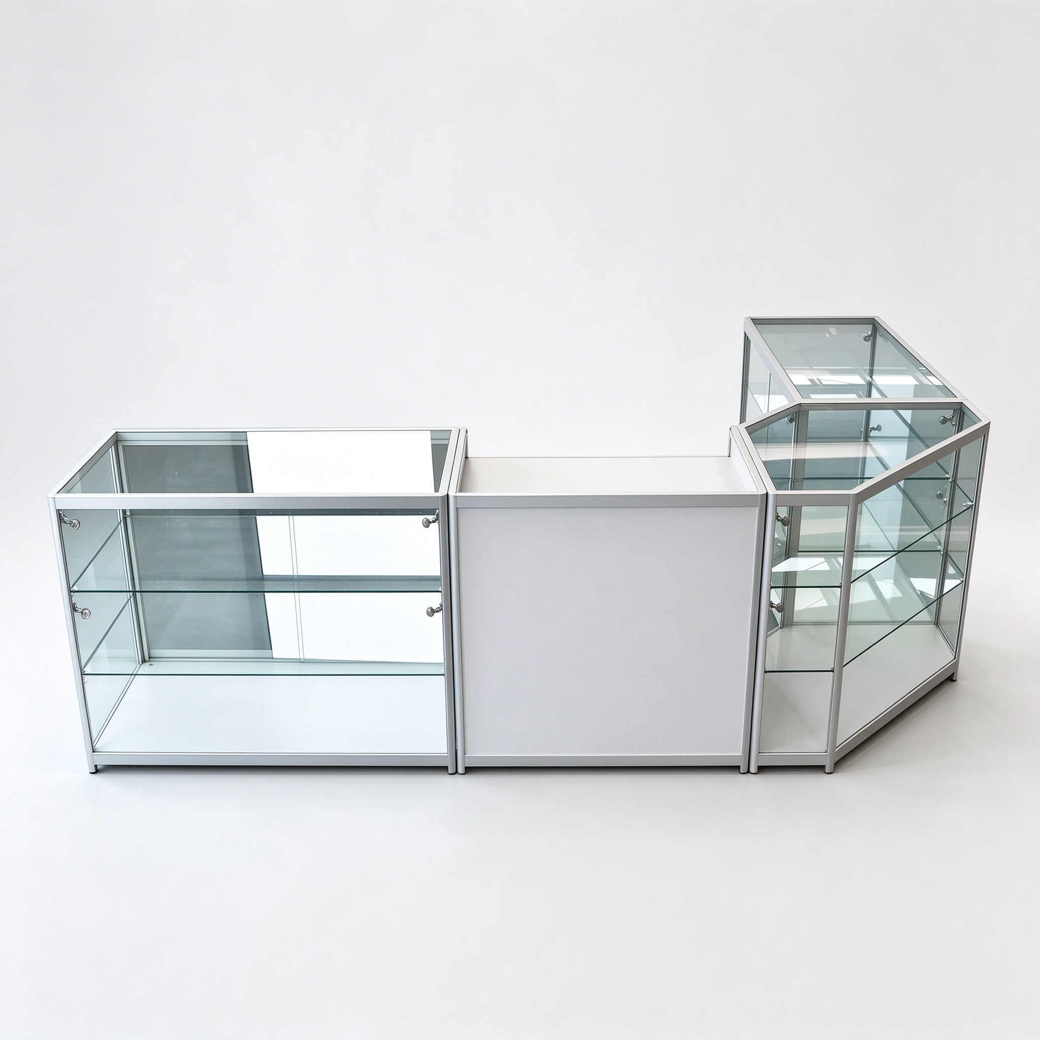 Aluminum L-shaped glass checkout with corner tower, 3/4 view