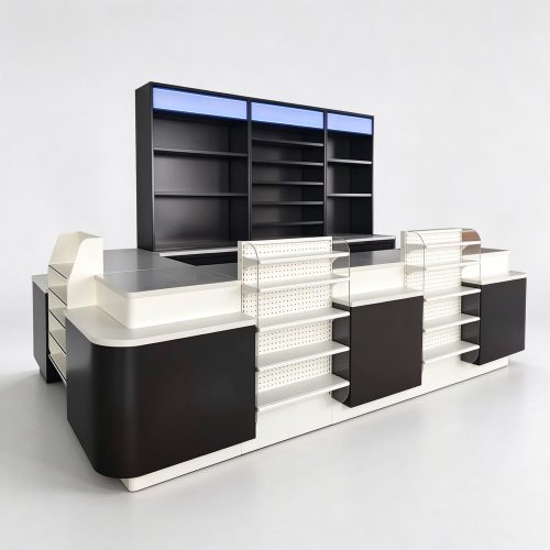 Black and white supermarket checkout with perforated shelves, 3/4 view