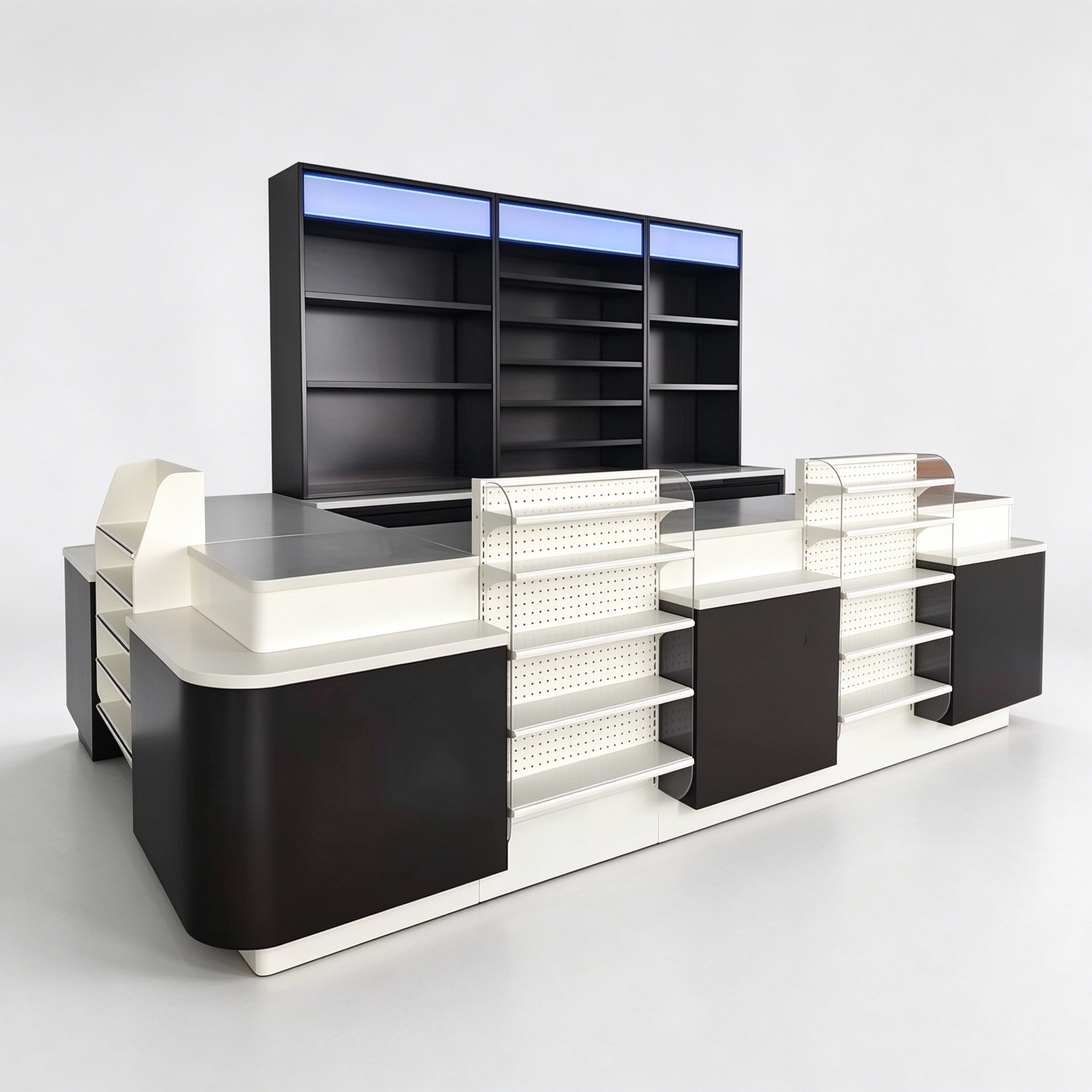 Black and white supermarket checkout with perforated shelves, 3/4 view