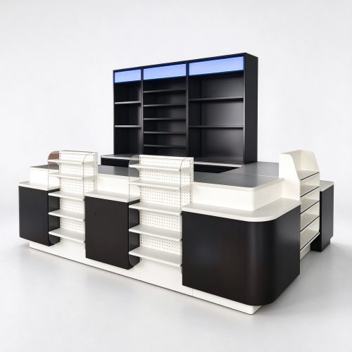 Black and white supermarket checkout with perforated shelves, right 45 degree view