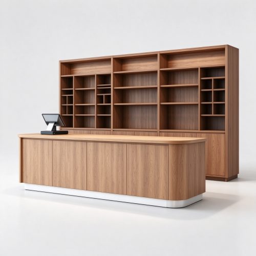Wooden retail checkout counter with tall back display shelving, left 45 degree view