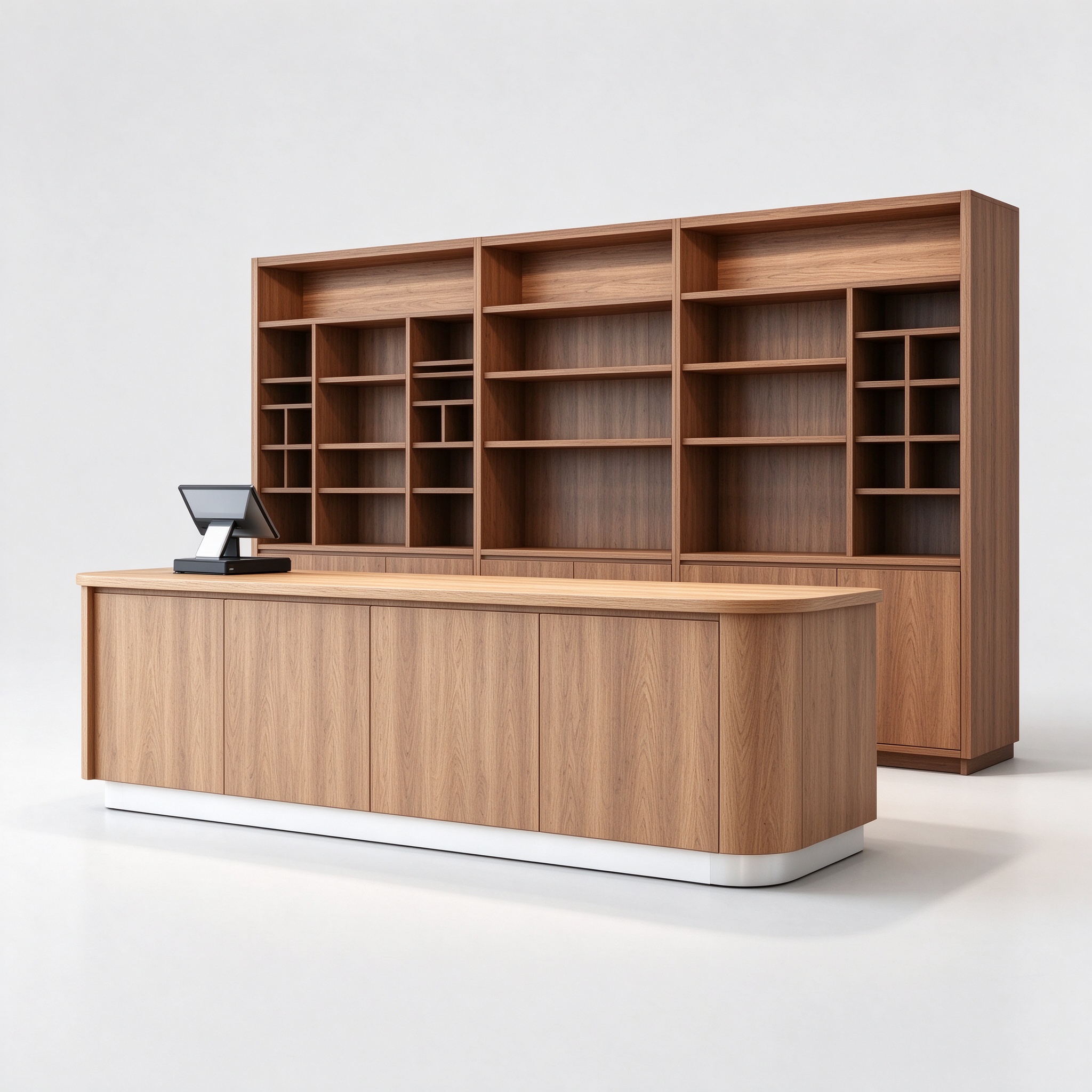 Wooden retail checkout counter with tall back display shelving, left 45 degree view