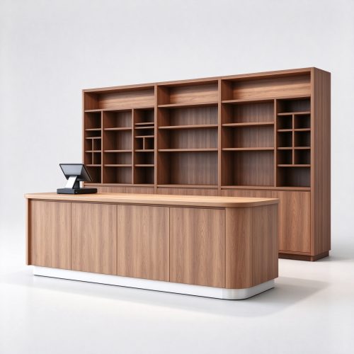 Wooden retail checkout counter with tall back display shelving, right 45 degree view