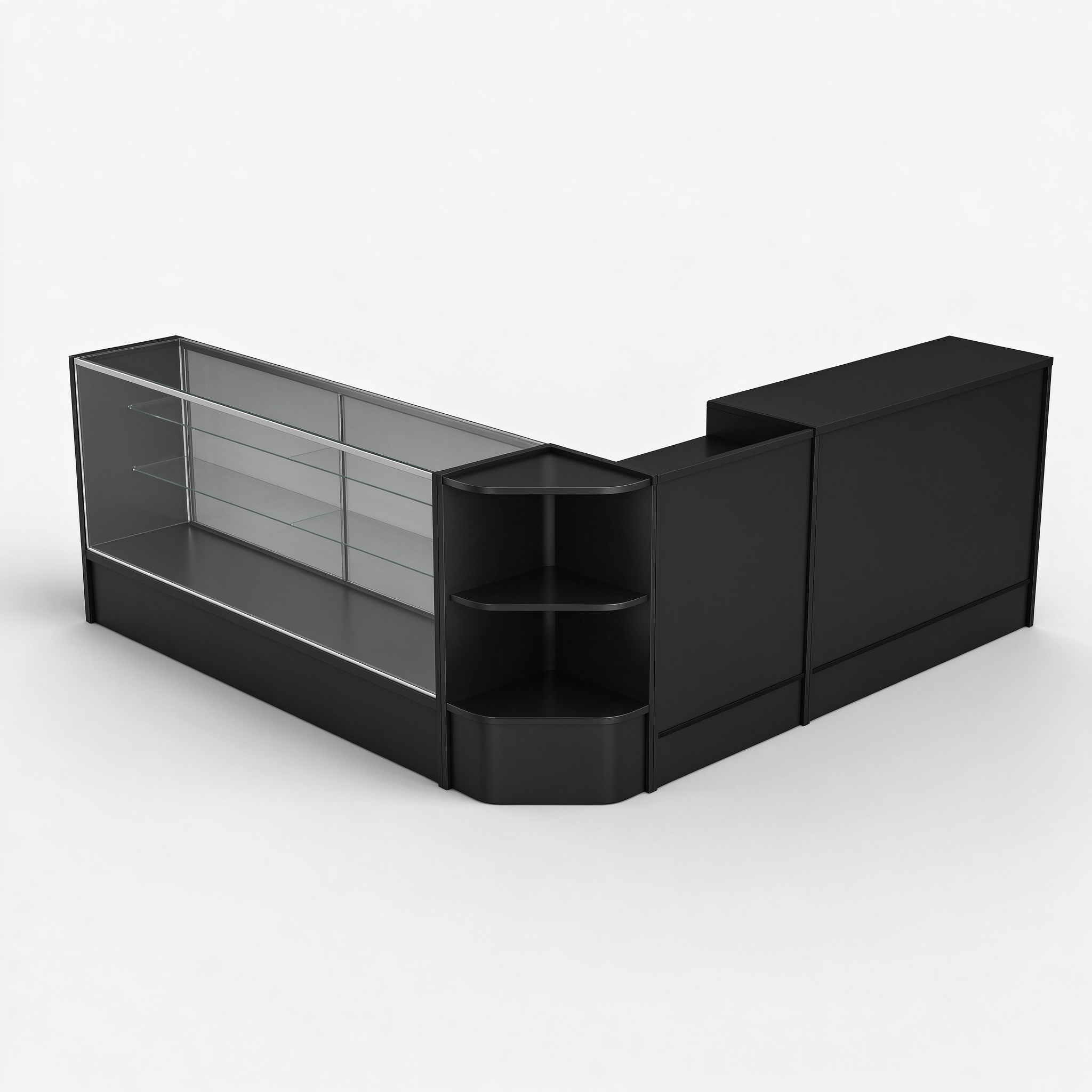 Black laminate L-shaped cash wrap with glass display, 3/4 view