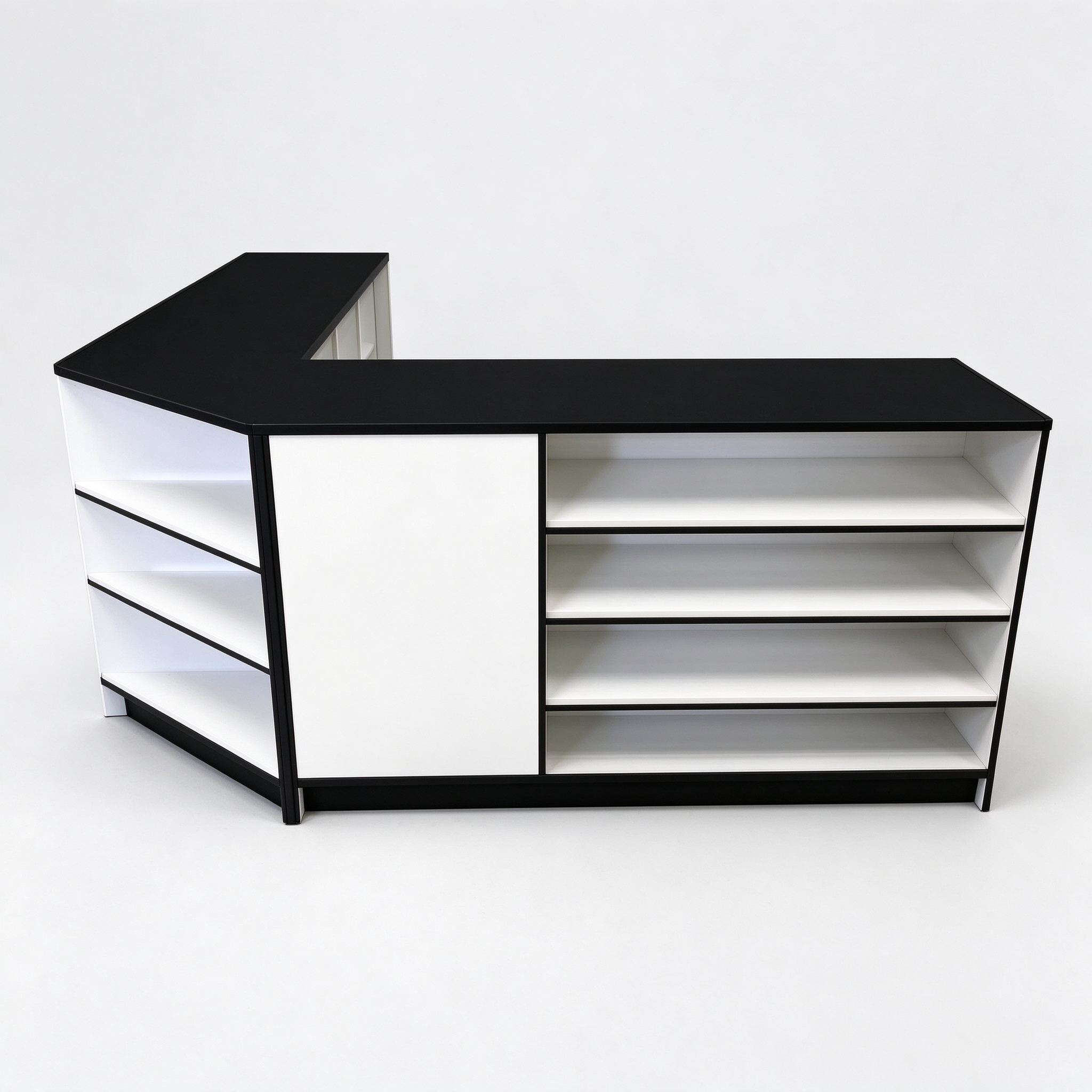 L-shaped black and white retail checkout with open shelves, 3/4 view