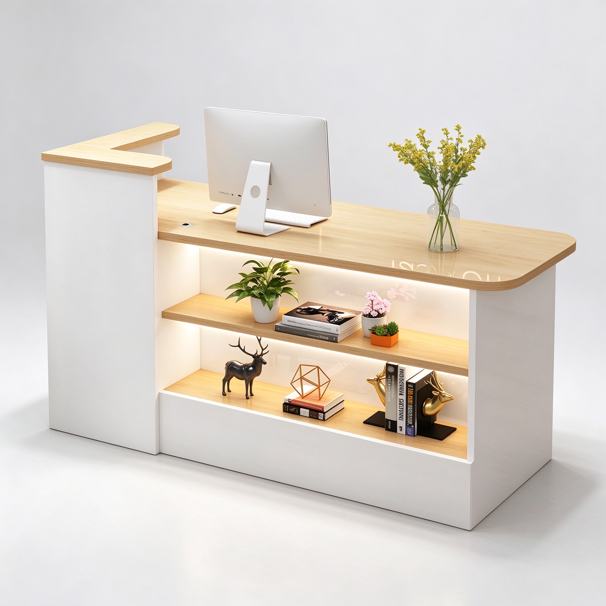 Clothing store cashier counter with LED open shelves, left 45 degree view