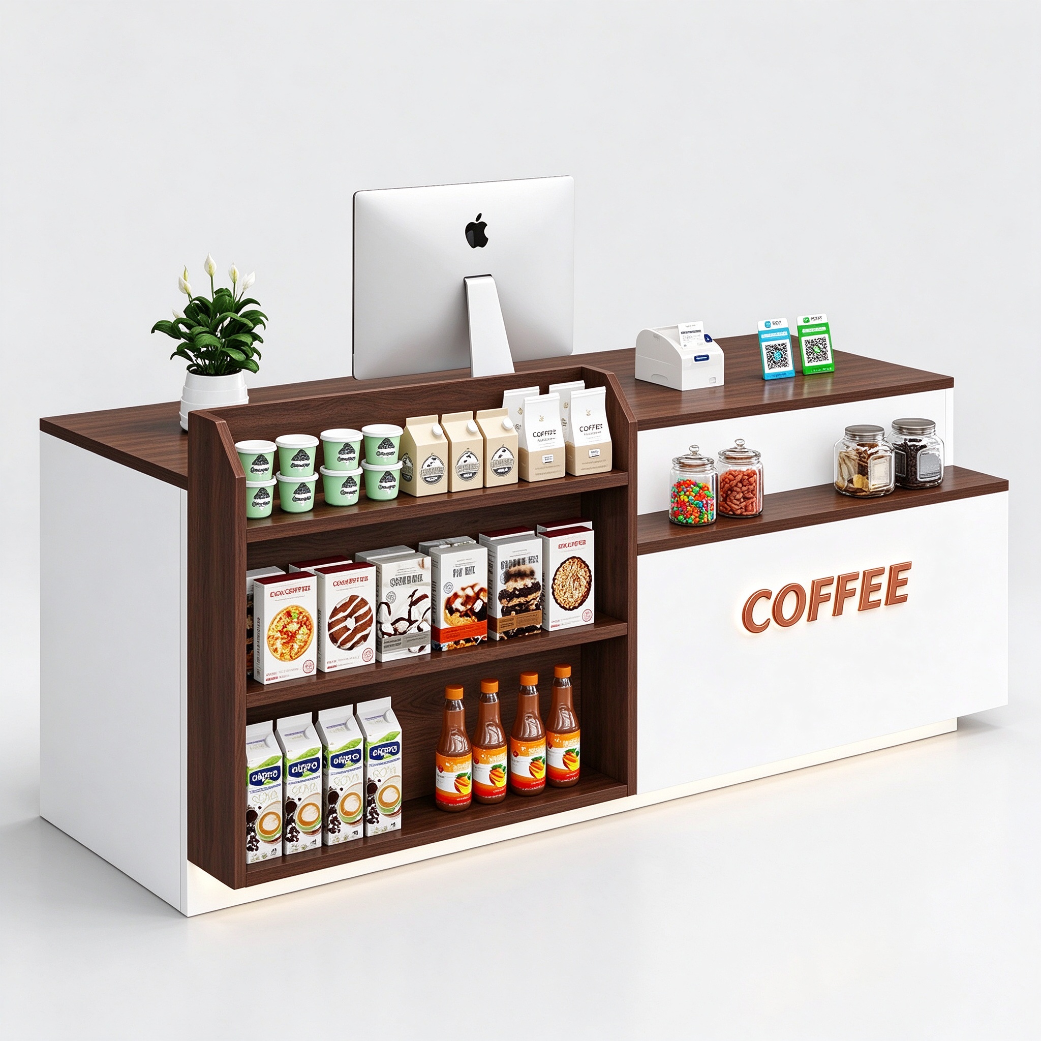 Dark walnut coffee checkout with COFFEE sign, 3/4 view