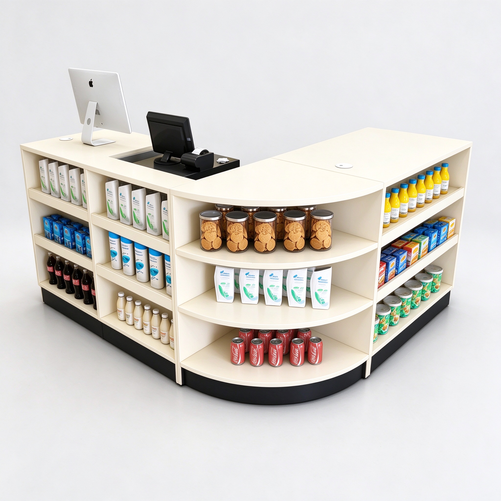 Cream curved c-store checkout with open shelves, 3/4 view
