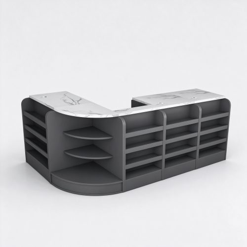 Modular L-shaped cash wrap counter with marble top, 3/4 view
