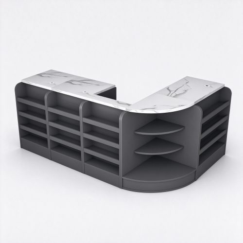 Modular L-shaped cash wrap counter with marble top, right 45 degree view