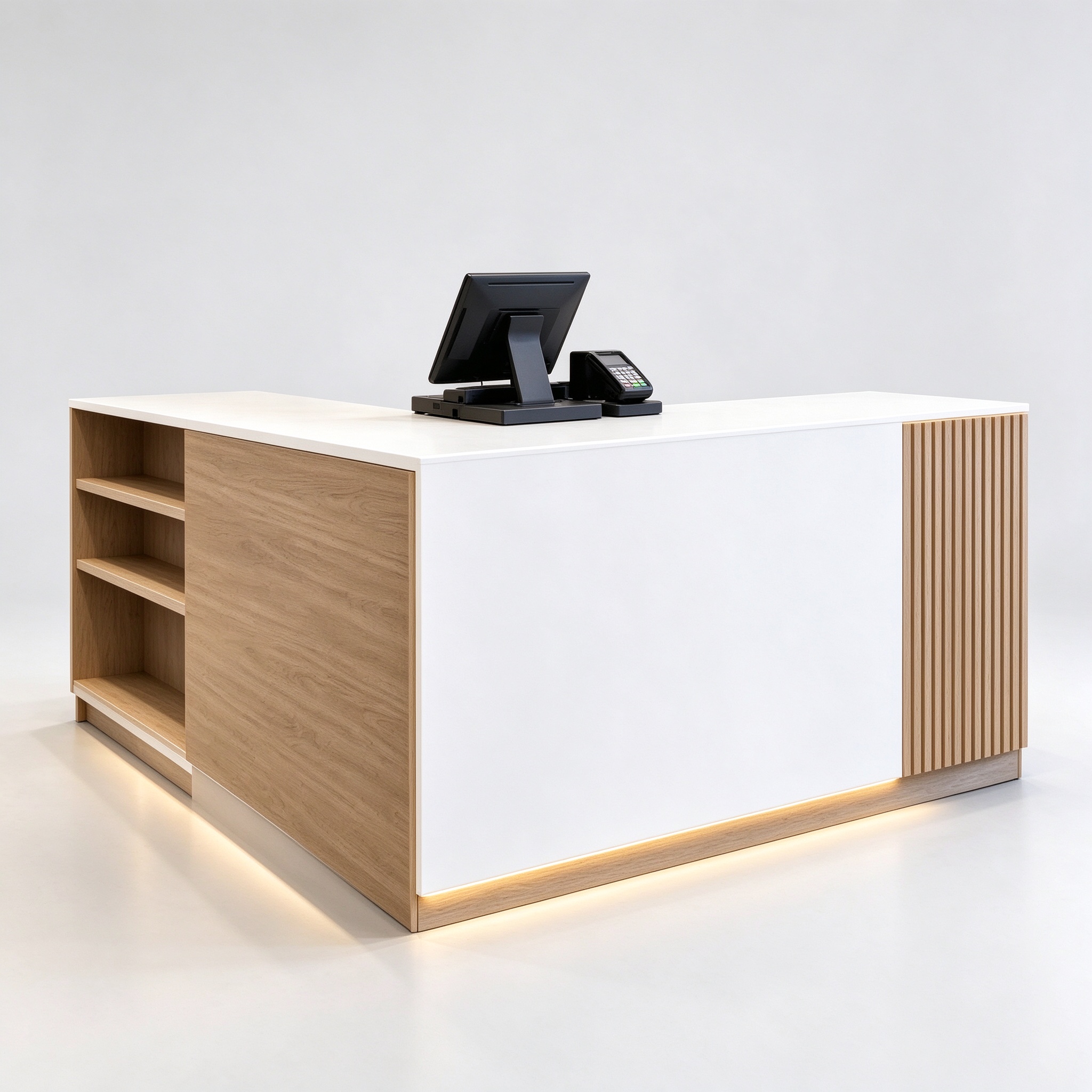 Modern white boutique checkout with fluted panel, 3/4 view