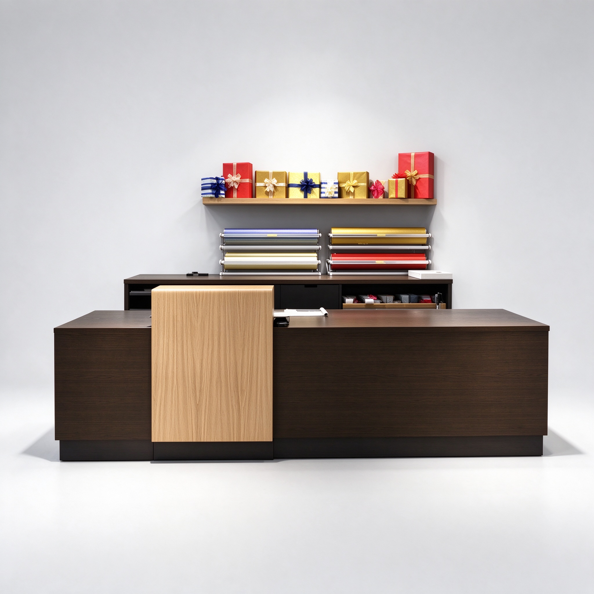 Dark brown gift wrapping service counter with oak panel, 3/4 view