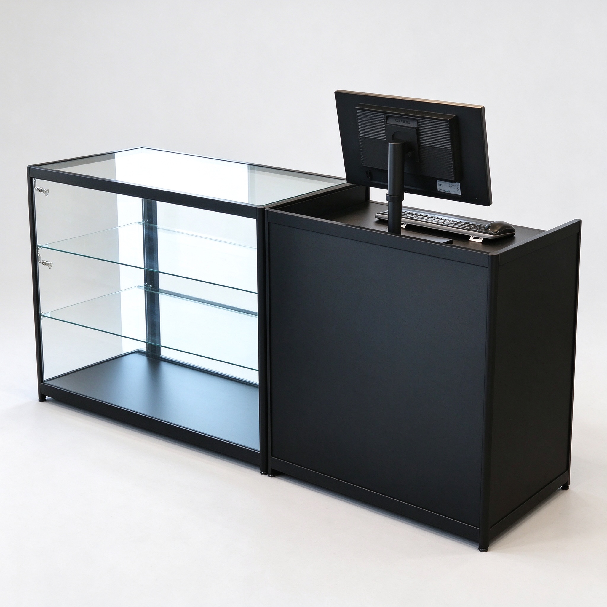 Black glass L-shaped checkout with monitor, 3/4 view