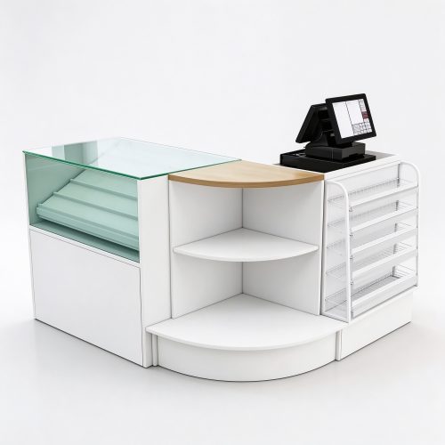 Glass checkout counter for convenience store, left 45 degree view