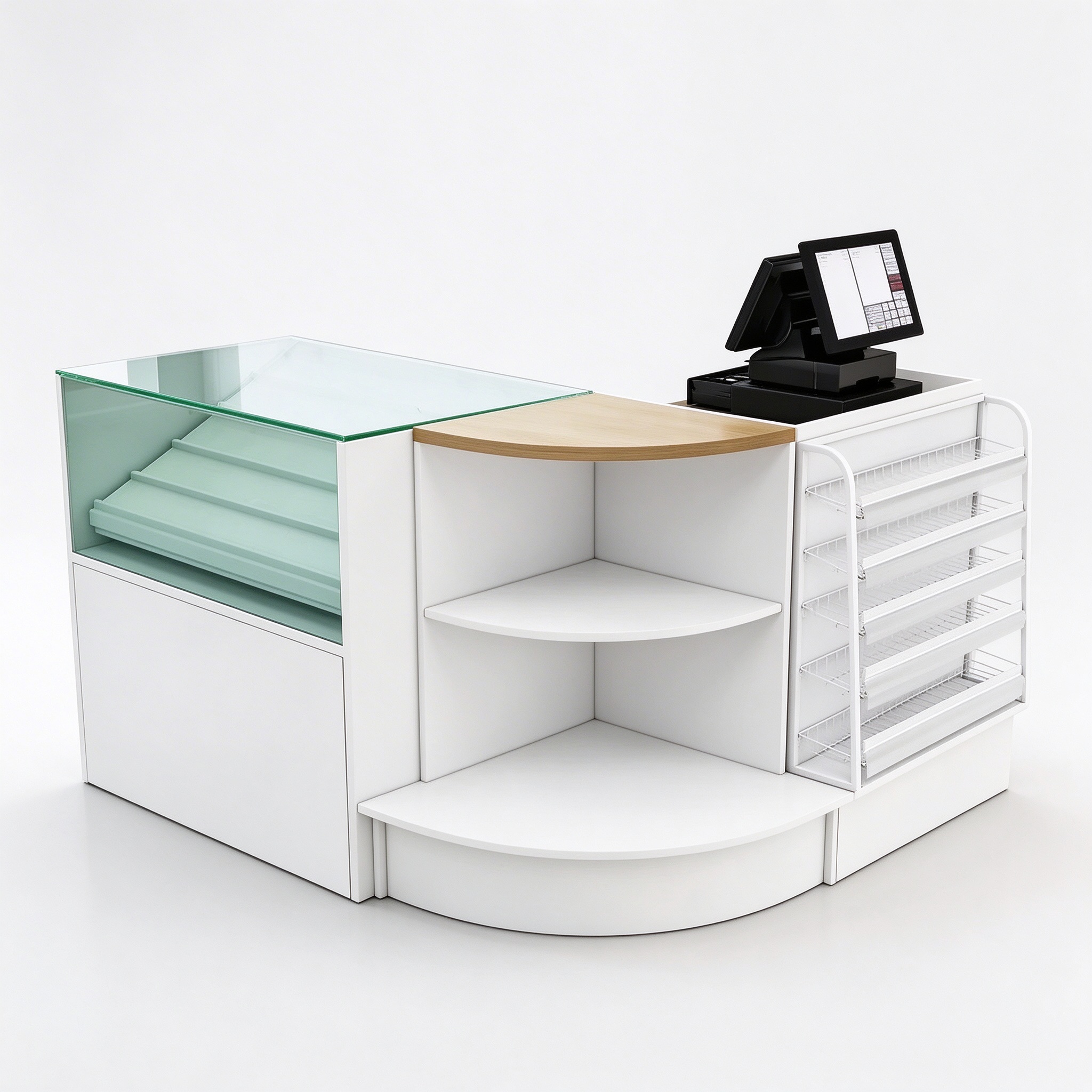 Glass checkout counter for convenience store, left 45 degree view