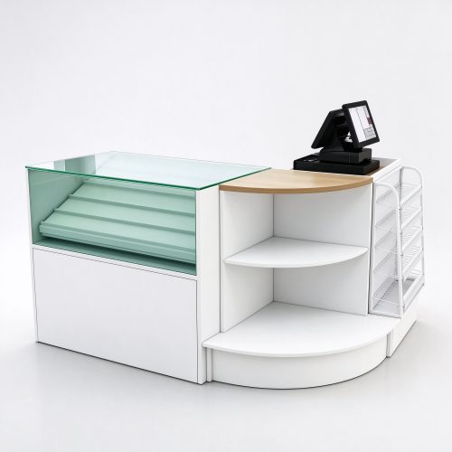 Glass checkout counter for convenience store, right 45 degree view