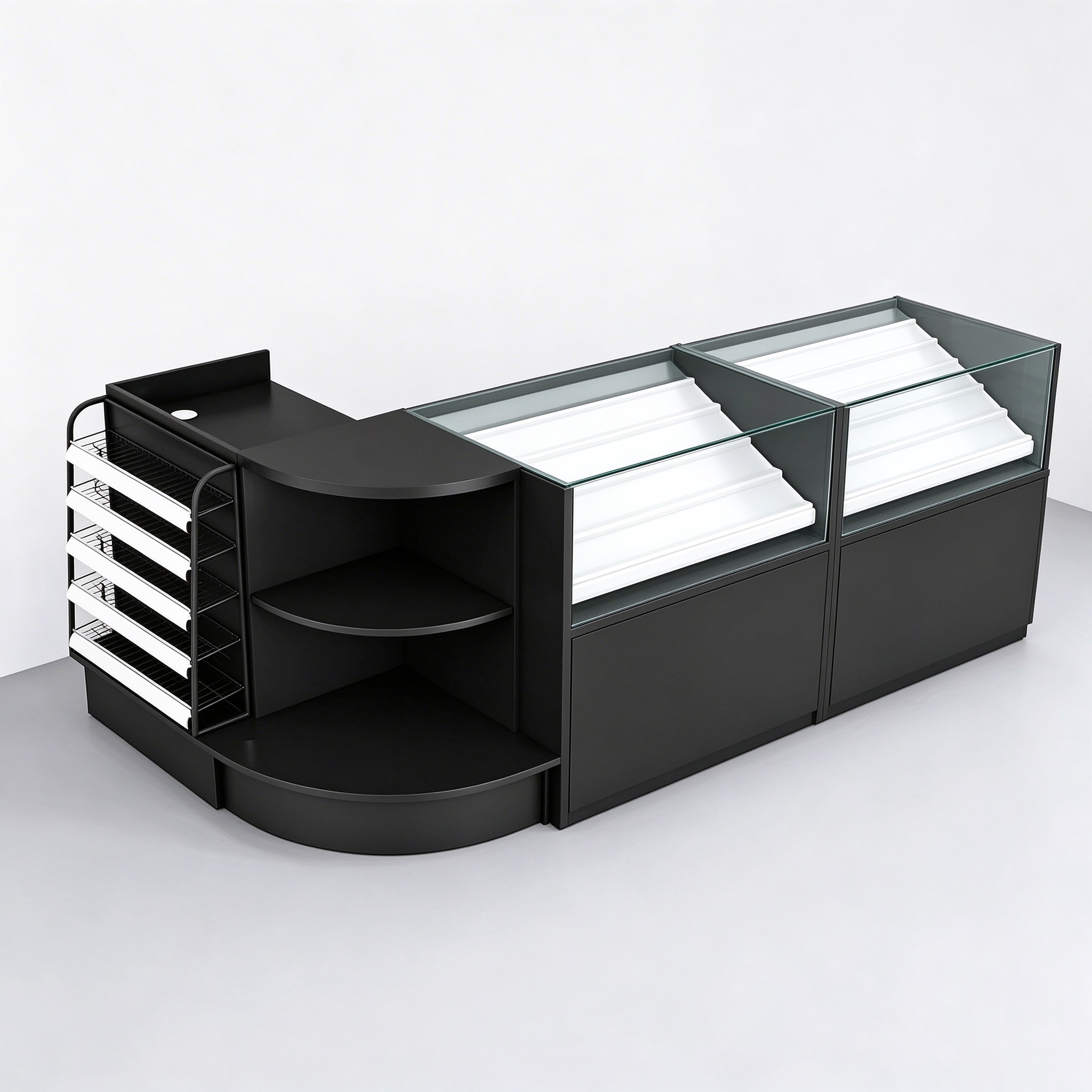 Black L-shaped checkout with glass cases and white shelves, 3/4 view