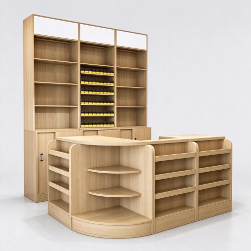 Grocery store checkout counter with back shelving, 3/4 view