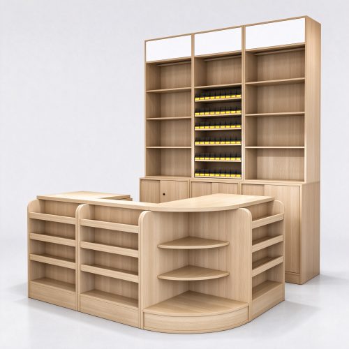 Light oak grocery checkout counter viewed from right, back shelving on right