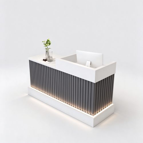 Gray fluted reception desk with LED base, left 45 degree view