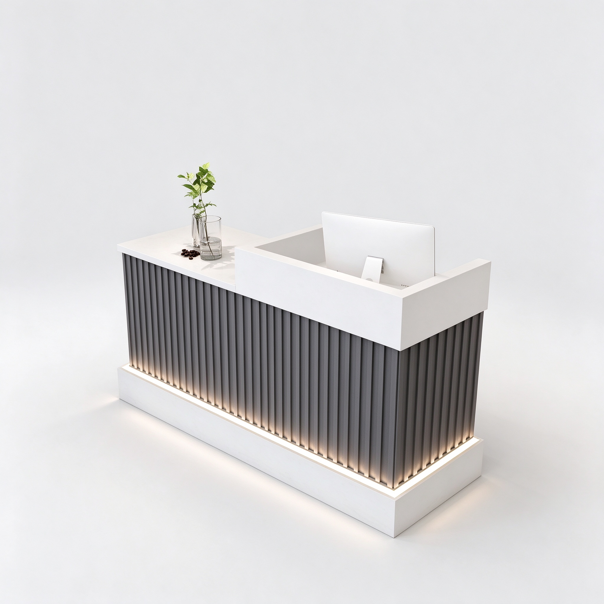 Gray fluted reception desk with LED base, left 45 degree view