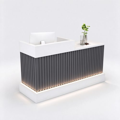 Gray fluted reception desk with LED base, right 45 degree view