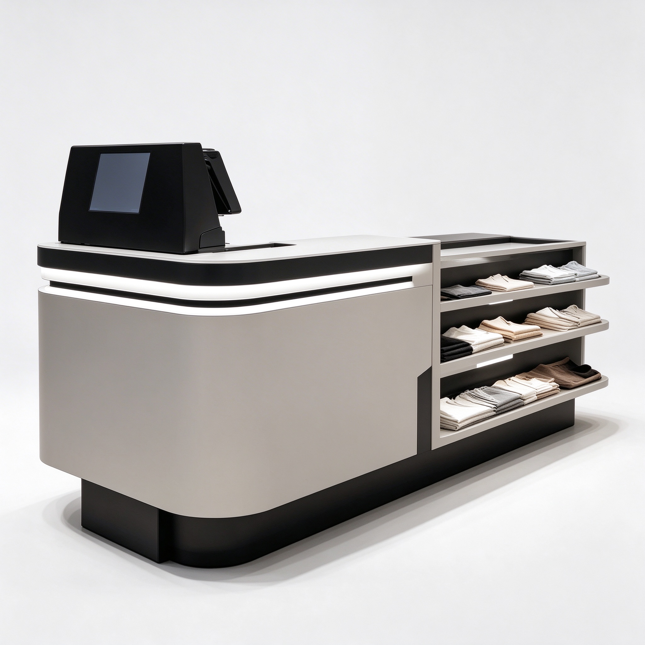 Gray curved clothing checkout with LED strip, 3/4 view