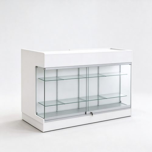 White glass checkout cash wrap counter with three glass shelves, left 45 degree view