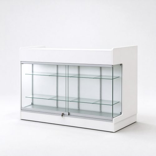 White glass checkout cash wrap counter with three glass shelves, right 45 degree view