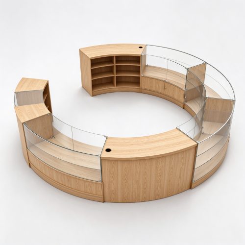 Circular oak cash wrap counter with curved glass display, 3/4 view