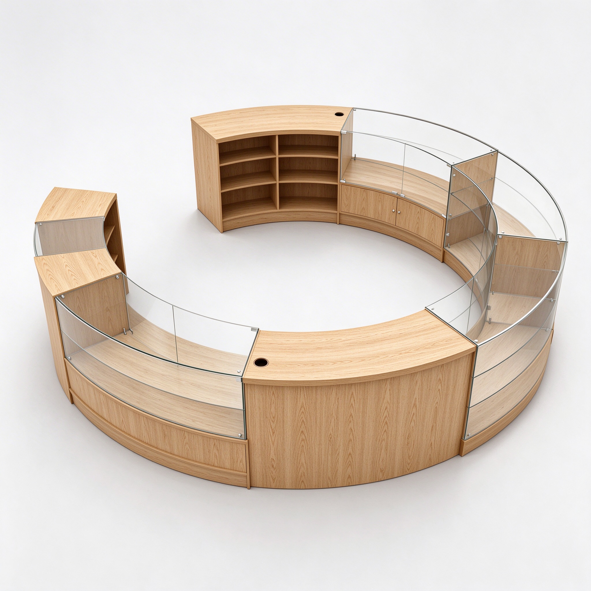 Circular oak cash wrap counter with curved glass display, 3/4 view