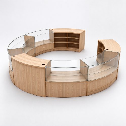 Circular oak cash wrap counter with curved glass display, opposite 45 degree view