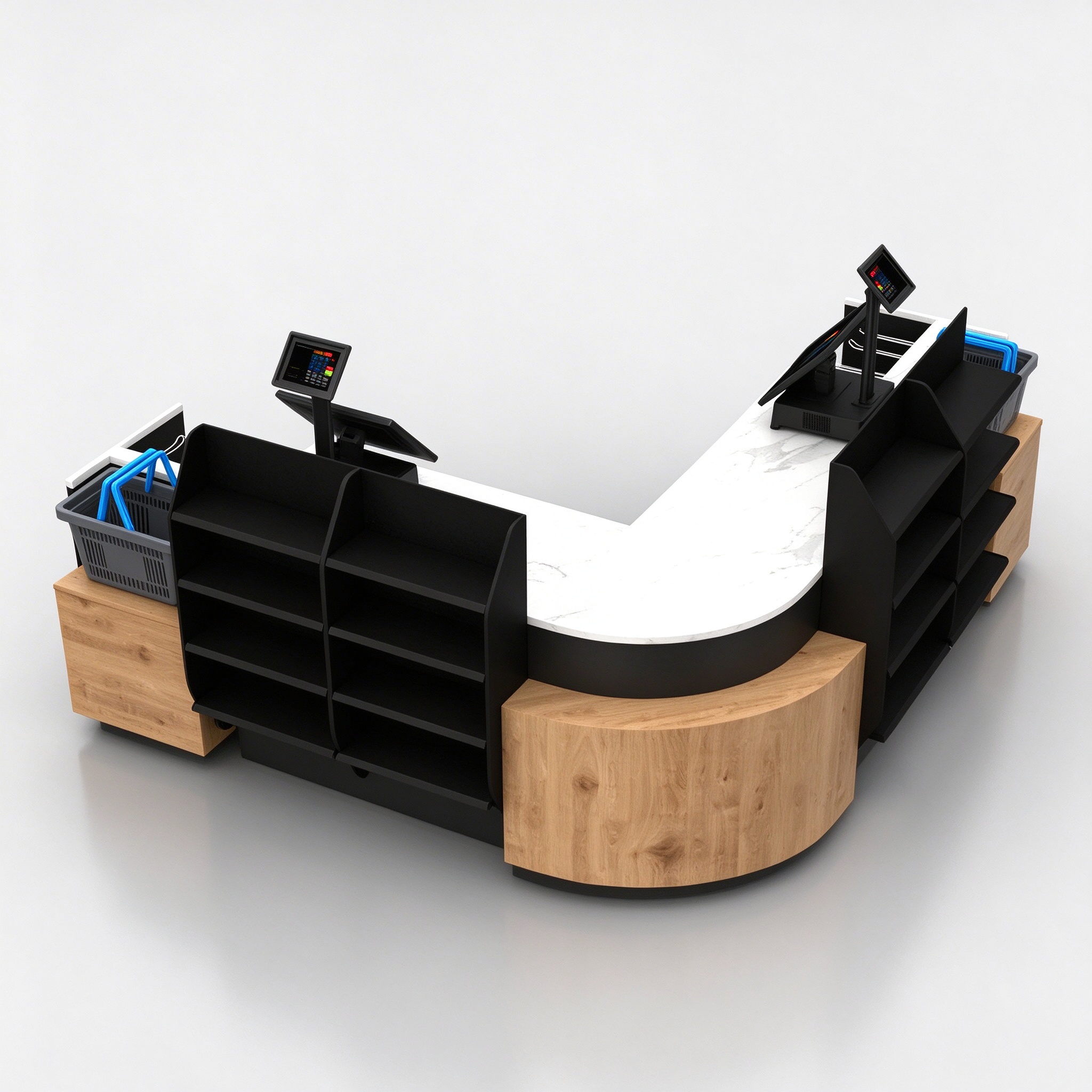 L-shaped retail checkout counter with marble top and black shelves, 3/4 view