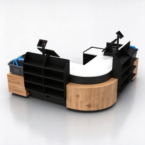 L-shaped retail checkout counter opposite 45 view with marble top and black slanted shelves